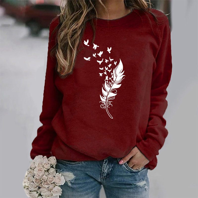 Beakey Womens Casual Long Sleeve T-Shirt Crew Neck Pullover-WineRed White