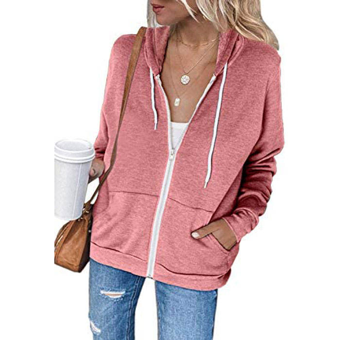 Beakey Womens Solid Color Zip Up Hoodie Long Sleeve Casual Sweatshirts Coat-Pink-7052