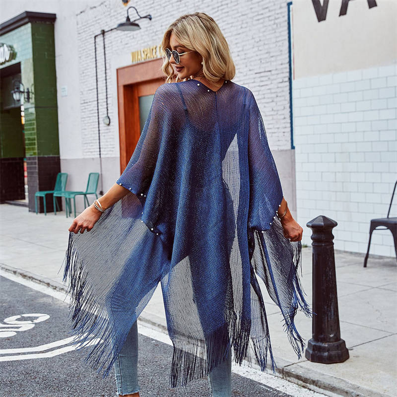 Beakey Womens Tassel Long Kimono Cardigans Beach Swimsuit Bikini Cover Up-Blue