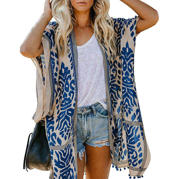 Beakey Women Print Kimono Tassel Casual Cardigan V Neck Loose Swimsuit Cover Up Beachwear-Blue