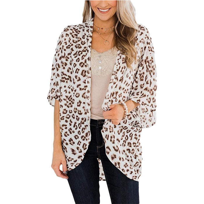 Beakey Women's Summer Floral Print Kimonos Loose Half Sleeve Chiffon Cardigan Blouses Casual Cover Up - White Leopard
