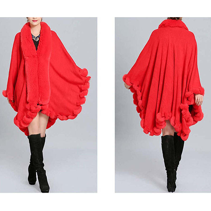 Beakey Womens Faux Fox Fur Trim Cardigan Shawl Oversized Cape-Red