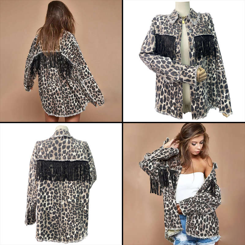 Beakey Womens Leopard Print Jacket Button Down Fringe Vintage Denim Coat