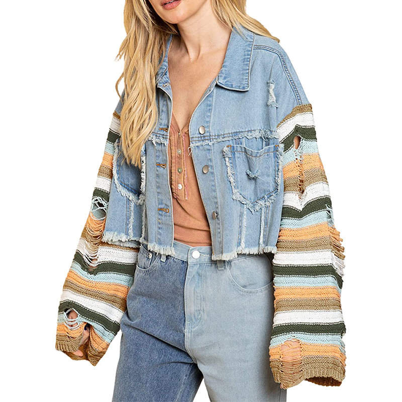 Beakey Womens Patchwork Denim Jacket Rainbow Knit Long Sleeve Crop Coat-Blue
