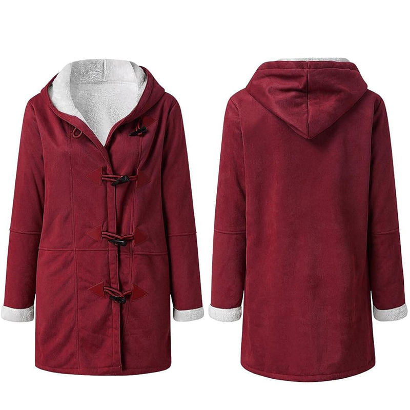 Beakey Fleece Jackets for Women Horn Button Winter Hooded Outwear-Wine Red