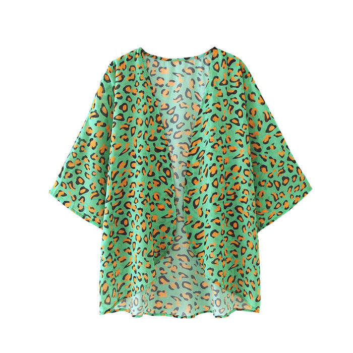 Beakey Women's Summer Floral Print Kimonos Loose Half Sleeve Chiffon Cardigan Blouses Casual Cover Up - Green Pattern