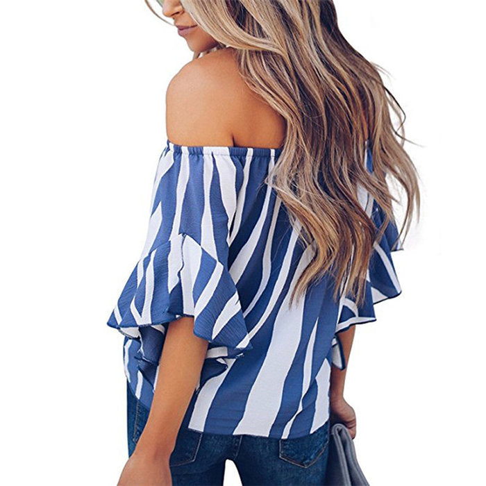 Beakey Women's Striped Printed Off Shoulder Bell Sleeve Shirt Tie Knot Casual Blouses Tops-Blue-8802