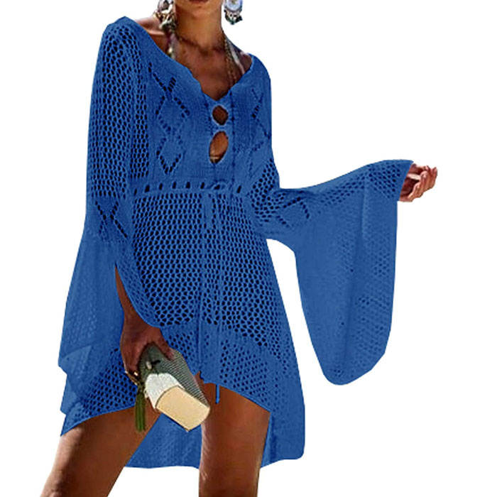 Beakey Women Beach Swimsuit for Women Flared Sleeves Coverups Bikini Loose Cover Up Net-Royal Blue