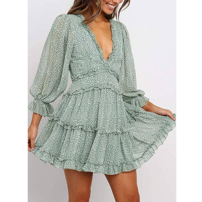 Beakey Womens Spring Summer Deep V Neck Ruffle Long Sleeve Mini Dress-Green-LC220829-1