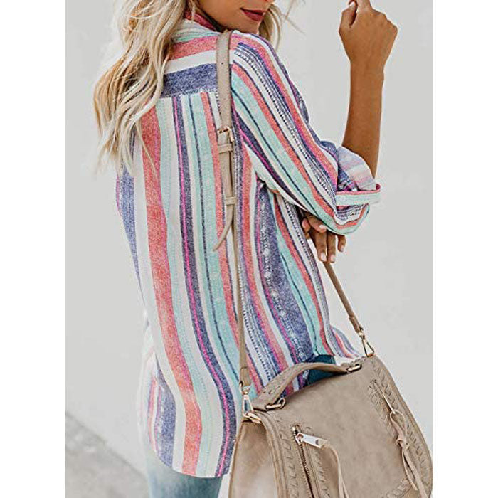 Beakey Women V Neck Long Sleeve Striped Casual Button Down Blouses Tops--Pink Purple-T6755