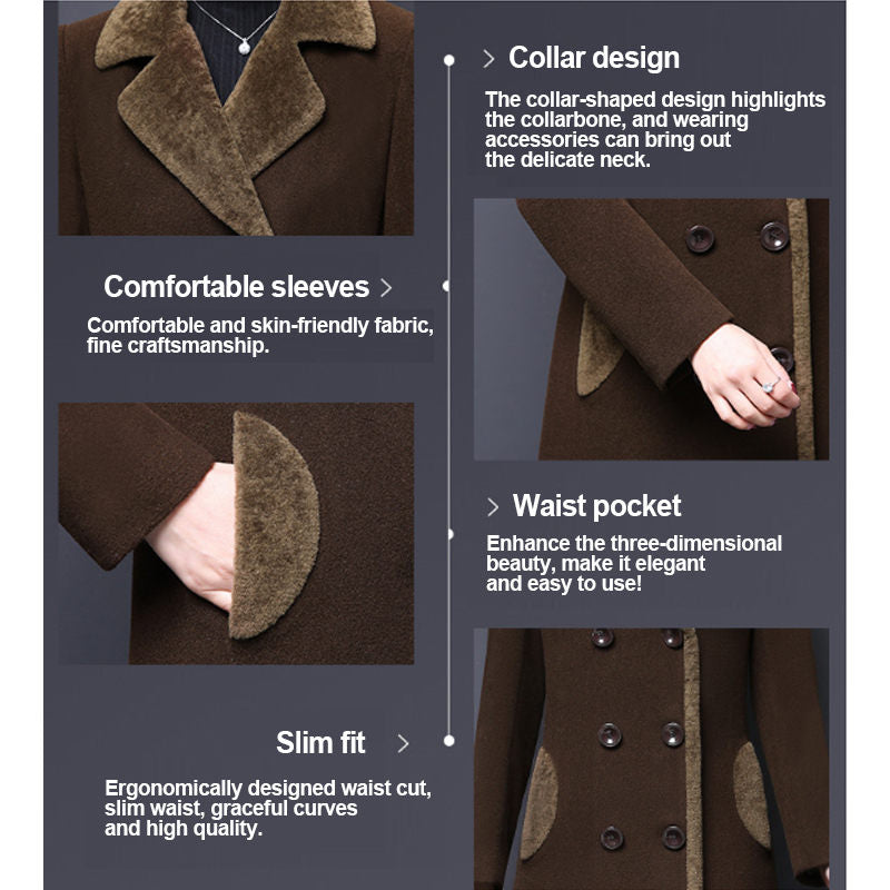 Beakey Womens Winter Wool Blend Long Coat Double Breasted Lapel Jacket-Deep Coffee