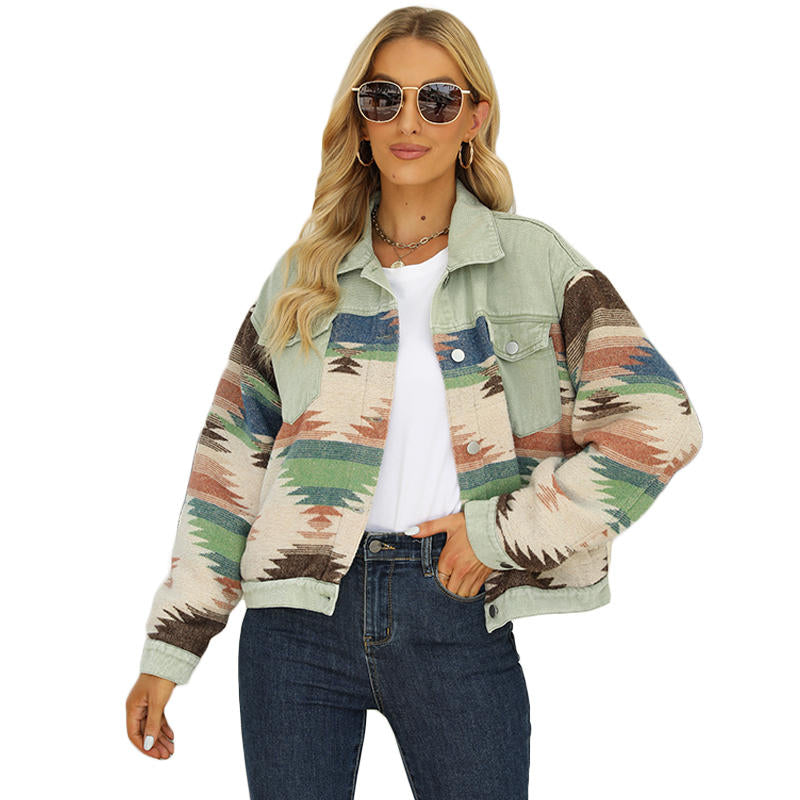 Beakey Denim Jacket for Women Aztec Print Contrast Color Cropped Coat-Green