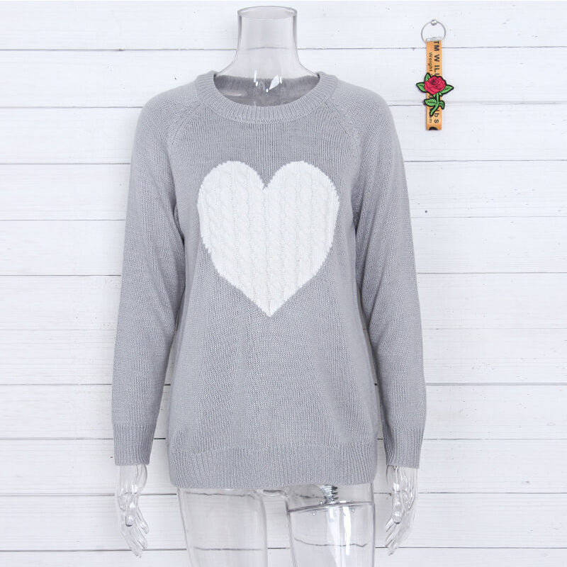 Beakey Women's Long Sleeve Pullover Sweater CrewNeck Cute Heart Knit Sweater-Grey