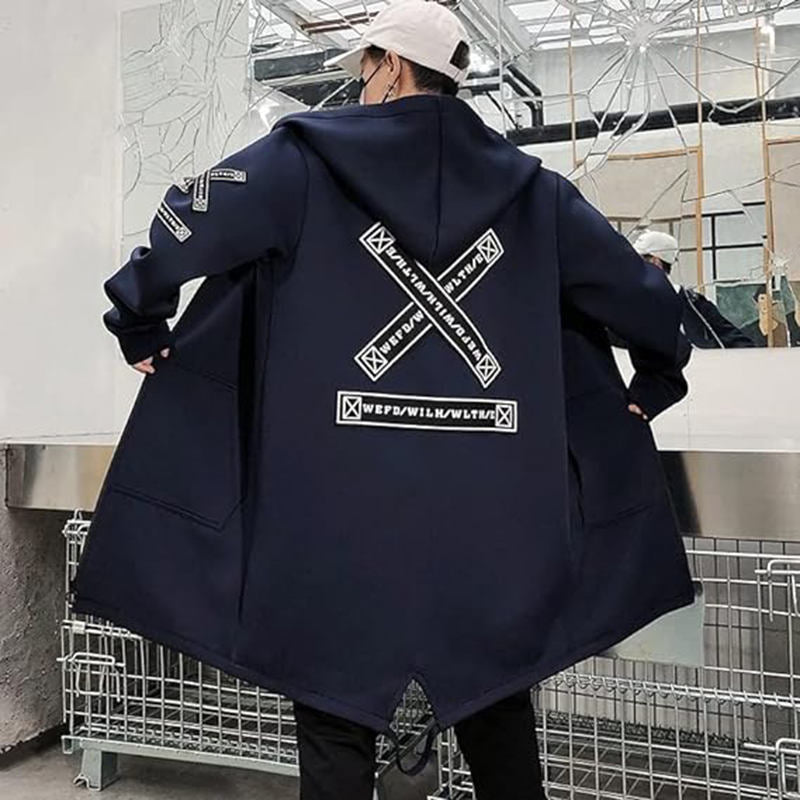 Beakey Hooded Windbreaker for Men Print Harajuku Zipper Long Jacket-Black
