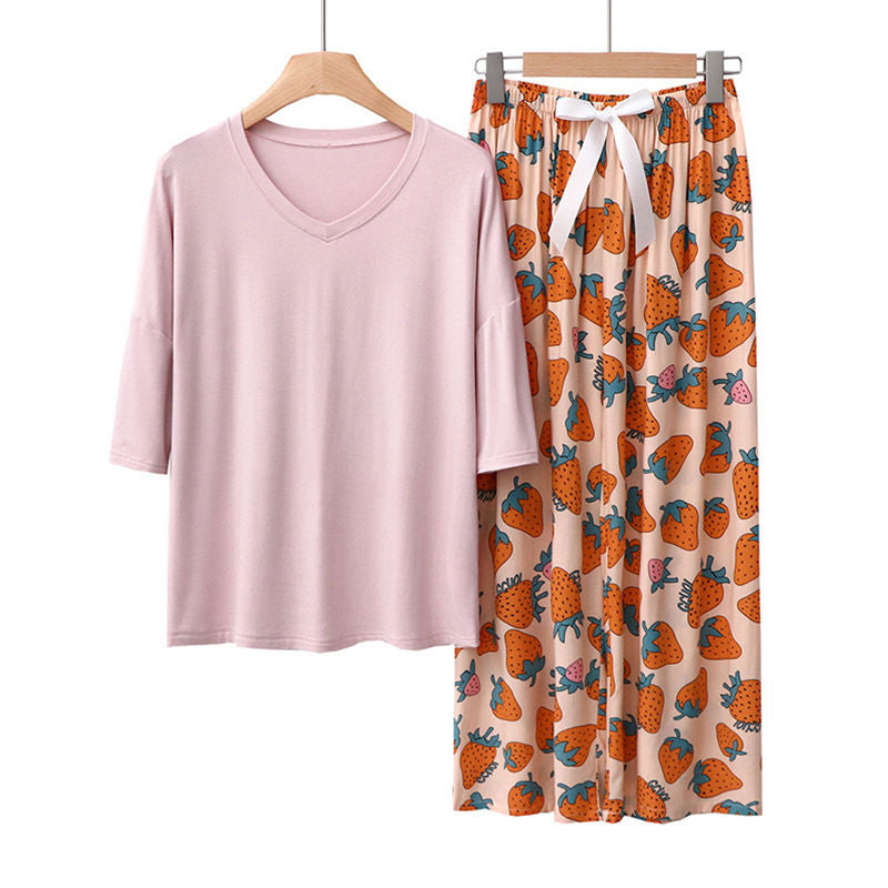 Beakey Womens Pajama Set Print Sleepwear Soft V-Neck Short Sleeve Top With Pants-1