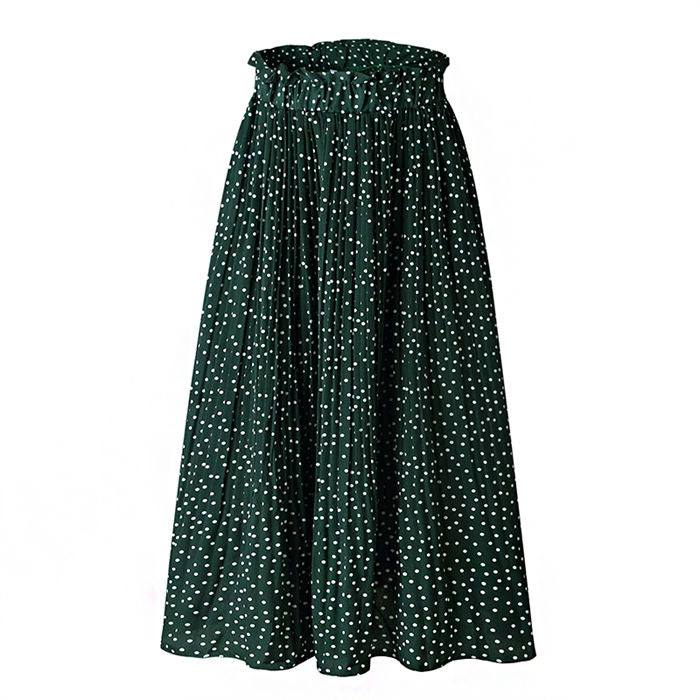 Beakey Womens High Waist Skirt Polka Dot Pleated Midi Maxi Swing Skirt High Elastic-Green-0387