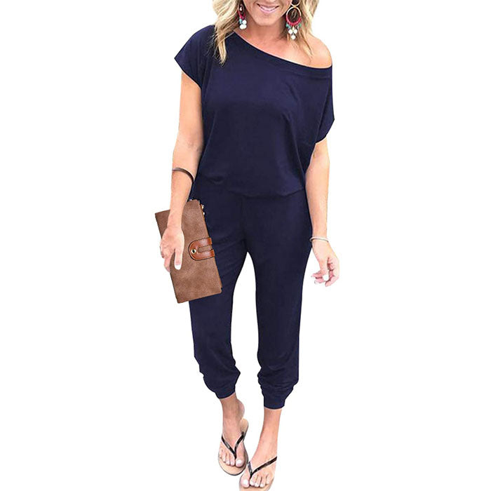 Beakey Women's Loose Solid Off Shoulder Elastic Waist Stretchy Long Romper Jumpsuit with Pockets - Navy