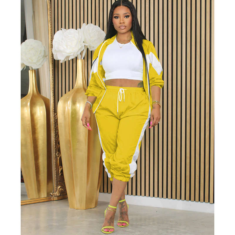 Beakey Womens Windbreaker Jacket Pants Colorblock Patchwork Tracksuit-Yellow