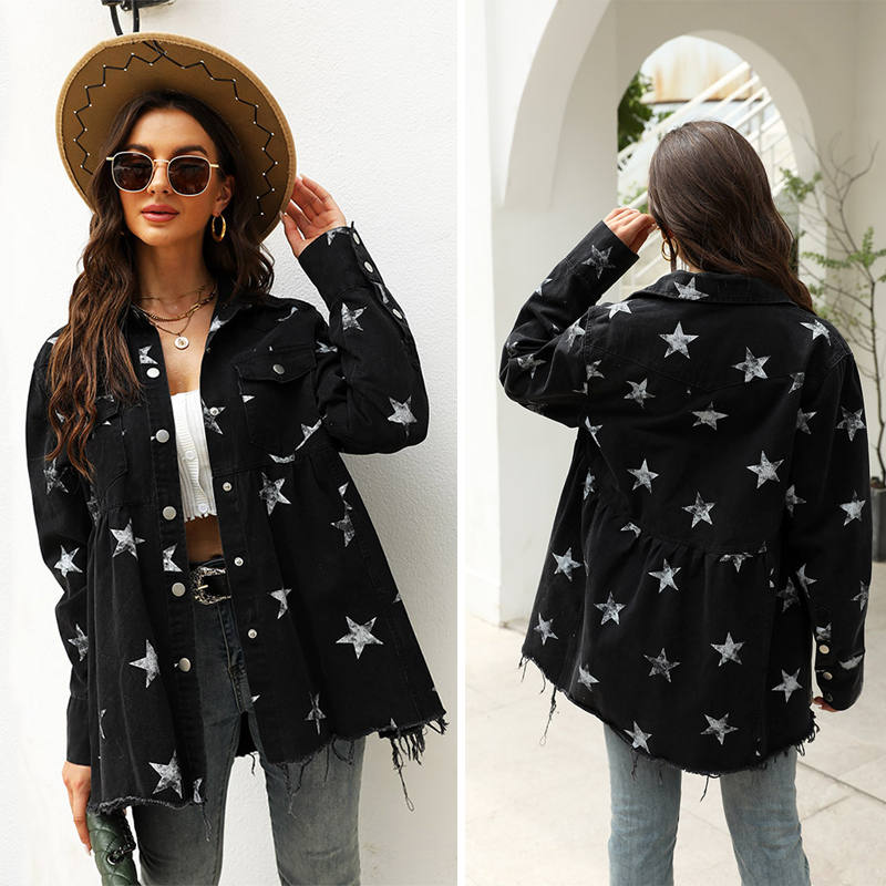 Beakey Star Print Jacket for Women Frayed Hem Distressed Denim Coat-Black