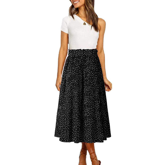Beakey Womens High Waist Skirt Polka Dot Pleated Midi Maxi Swing Skirt High Elastic-Black-0387