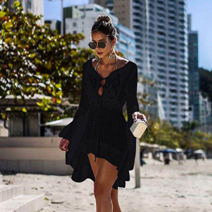 Beakey Women Beach Swimsuit for Women Flared Sleeves Coverups Bikini Loose Cover Up Net-Black