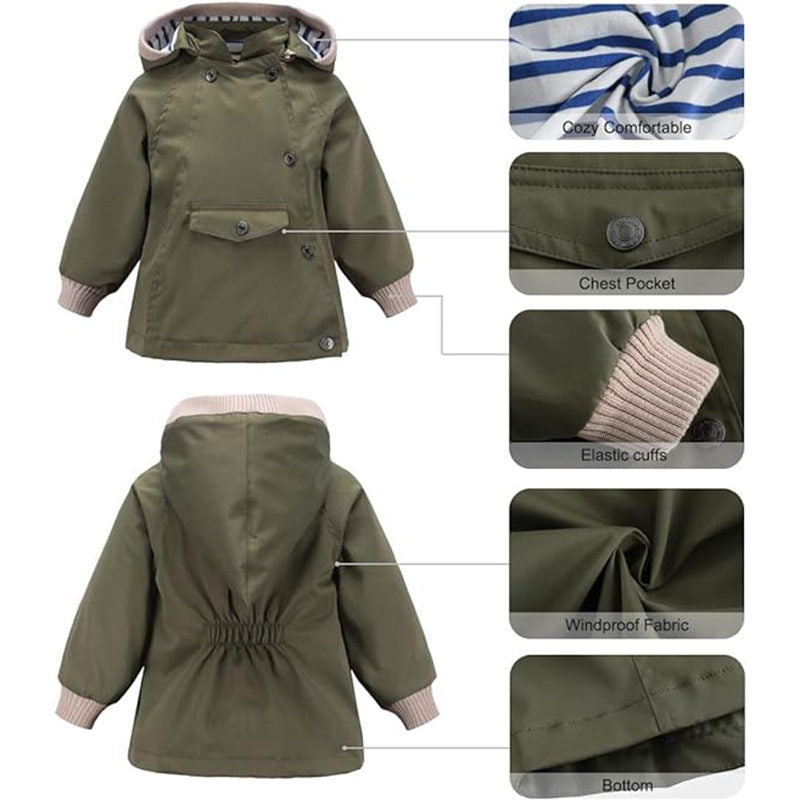 Beakey Kids Rain Jacket with Removable Hood Windproof for Spring Fall-Army Green
