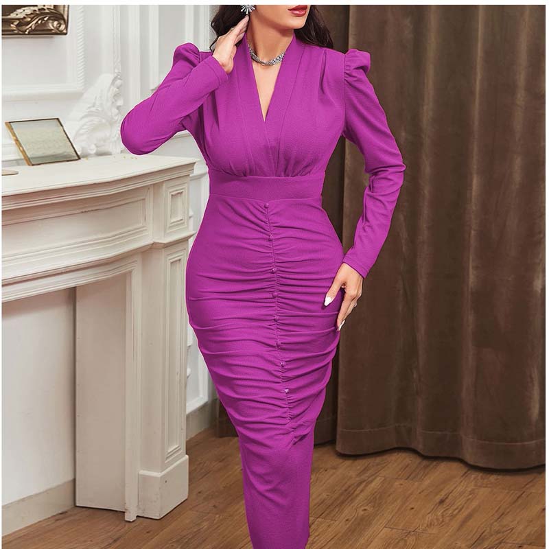 Beakey Womens Long Sleeved V Neck Wrap Dress Ruched Bodycon for Party