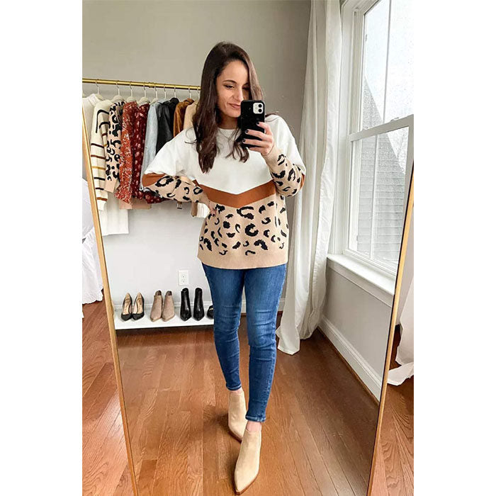 Beakey Women¡¯s Casual Knitted Sweater Leopard Print Color Block Loose Pullover-Khaki-K208002