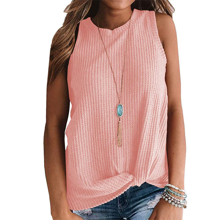 Beakey Womens Waffle Knit Vest Casual Blouse Sleeveless Twist Knot Tank Tops-Pink-YT8829