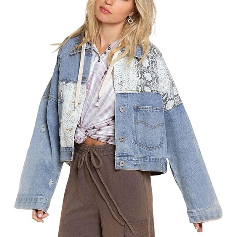 Beakey Womens Distressed Denim Jacket Patchwork Print Ripped Outwear-SnakePattern