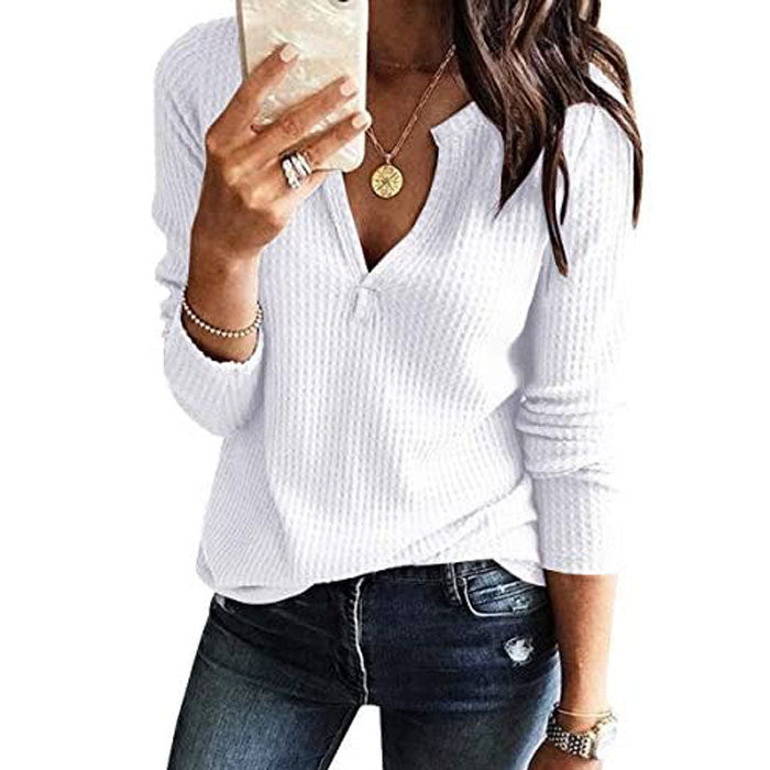 Beakey Womens V Neck Shirts Long Sleeve Waffle Knit Loose Fitting Warm Pullover Sweaters-White-5888
