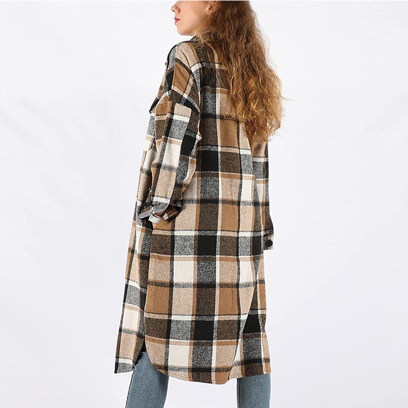 Beakey Womens Casual Plaid Long Coat Lapel Button Down Shirts Jacket-Brown