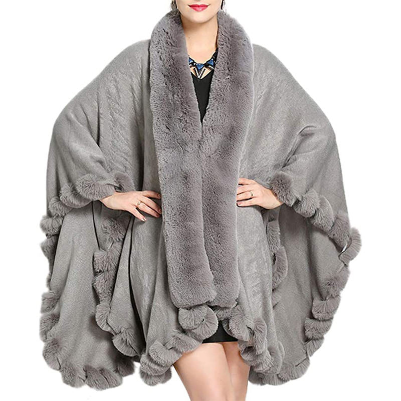 Beakey Womens Faux Fox Fur Trim Cardigan Shawl Oversized Cape-Light Grey