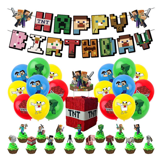 Beakey 37 Pcs Pixel Birthday Party Supplies Banner Balloons Cupcake Toppers