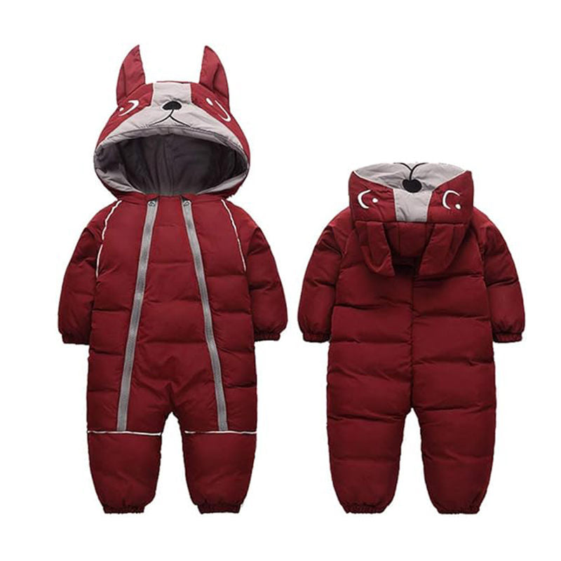 Beakey Cute Dog Snowsuit for Baby Winter Double Zipper Hooded Jumpsuit-Wine Red