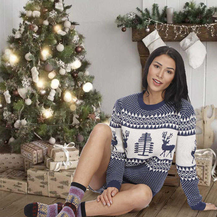 Beakey Women Long Sleeve Christmas Tree Reindeer Holiday Knit Sweater Pullover-Dark Blue-CFB0032