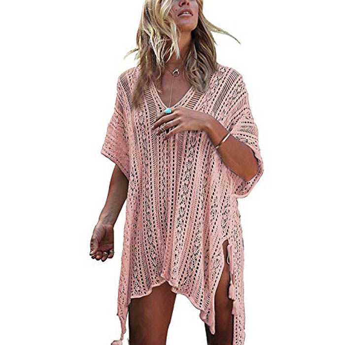 Beakey Women's Swimsuit Beach Bikini Loose Blouse Knitted Blouse Stylish Beach Cover up-Light Pink