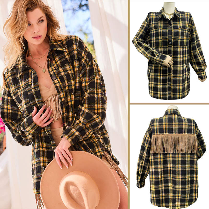 Beakey Womens Plaid Jacket Patchwork Fringe Rhinestone Fashion Casual Coat