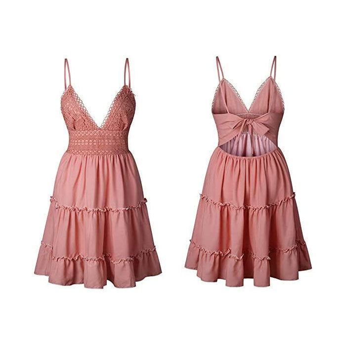 Beakey Womens V-Neck Strap Bowknot Backless Sleeveless Lace Mini Dress-Pink-WQZ015