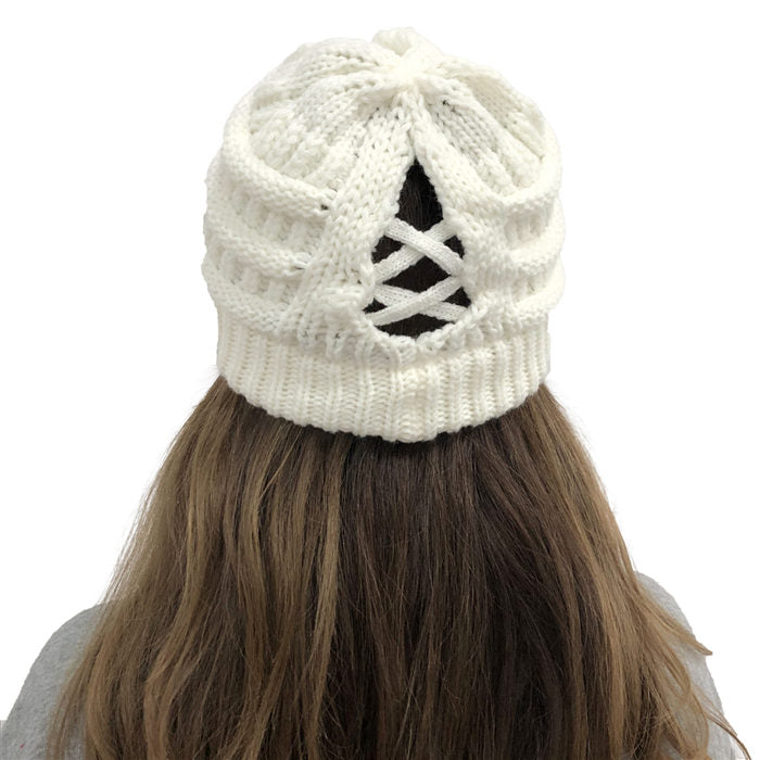 Beakey Soft Stretch Cable Knit Hat Ponytail Beanie Winter Hat For Women-White