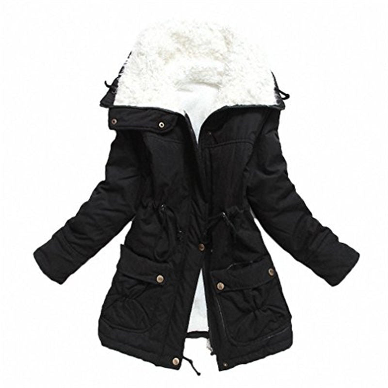Beakey Women's Mid Length Winter Coat Thickened Warm Lamb Wool Lined Jacket-Black