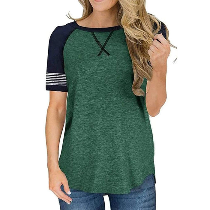 Beakey Womens T Shirts Round Neck Short Sleeve Striped Color Block Casual Tops-Dark Green-025
