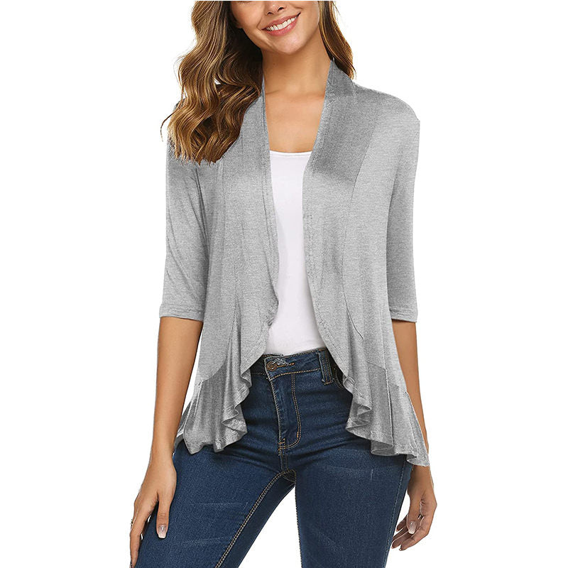 Beakey Women's Open Front Cardigan 3/4 Sleeve Draped Ruffles Soft Knit Sweaters-Light Gray-8012