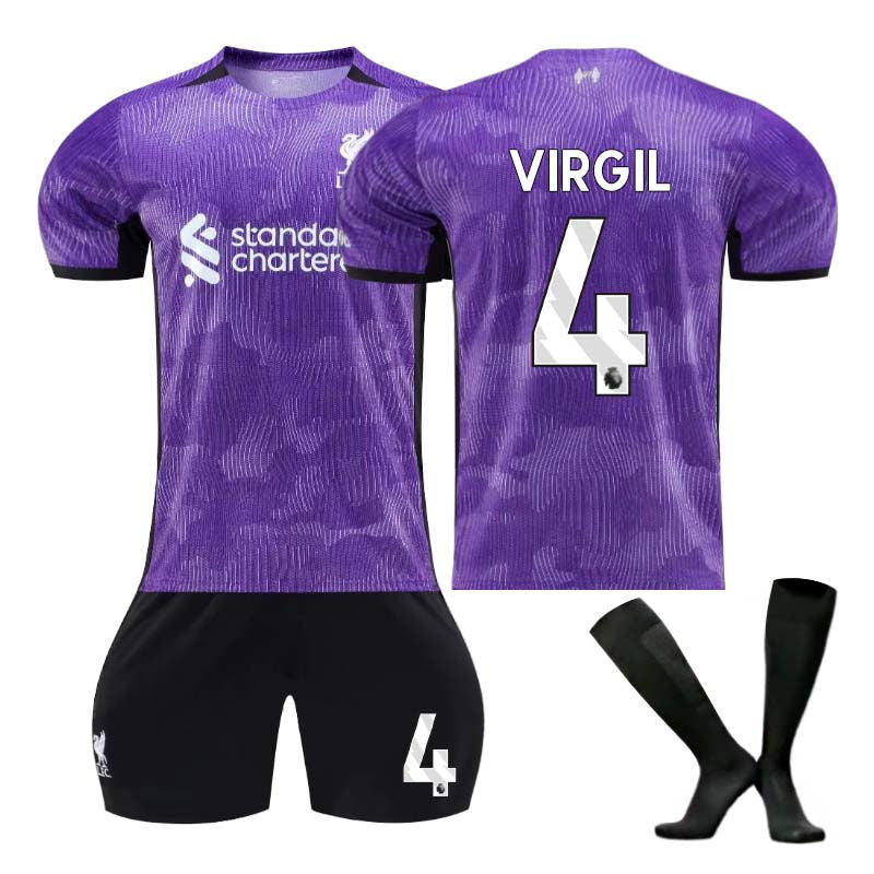 Beakey Liverpool Second Away Jersey VIRGIL #4 Soccer Jersey Kids Adult 3-Pieces Jersey Kits