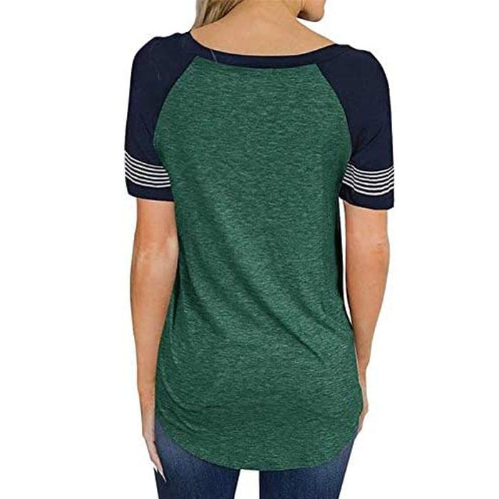 Beakey Womens T Shirts Round Neck Short Sleeve Striped Color Block Casual Tops-Dark Green-025