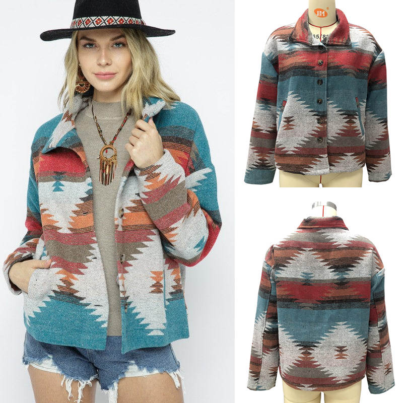 Beakey Womens Aztec Shacket Jacket Boho Wool Blend Coat with Pockets-Orange