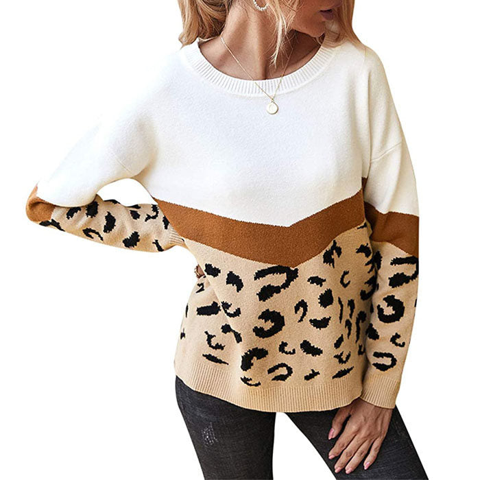 Beakey Women¡¯s Casual Knitted Sweater Leopard Print Color Block Loose Pullover-Khaki-K208002