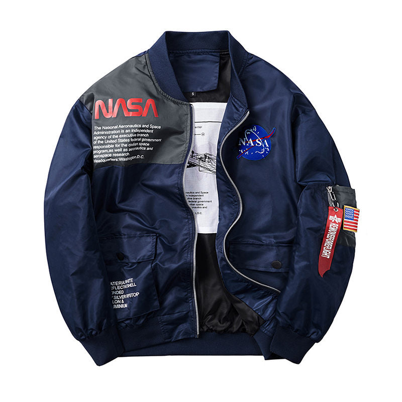 Beakey Mens Biker Flight Jacket Big Pocket Letter Print Windbreaker-Blue