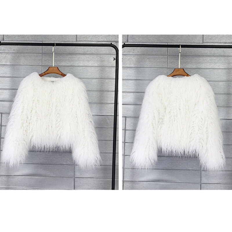 Beakey Womens Shaggy Faux Fur Outwear Short Thermal Coat-White