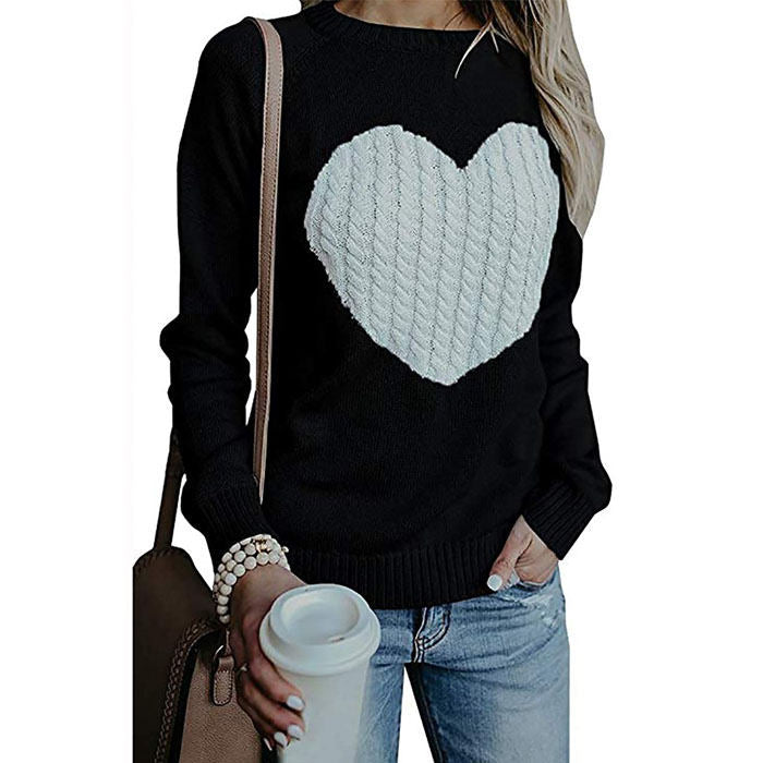 Beakey Women Cute Sweaters Heart Crewneck Long Sleeve Knitted Pullover Sweater-Black And White-118004